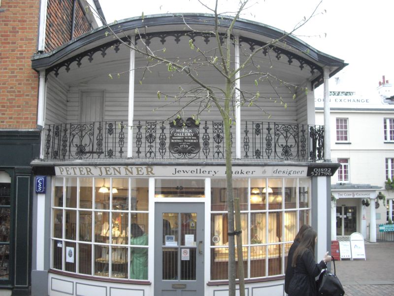 Old Jewellery maker shop with open music balcony above. In Pantiles, Tunbridge Wells