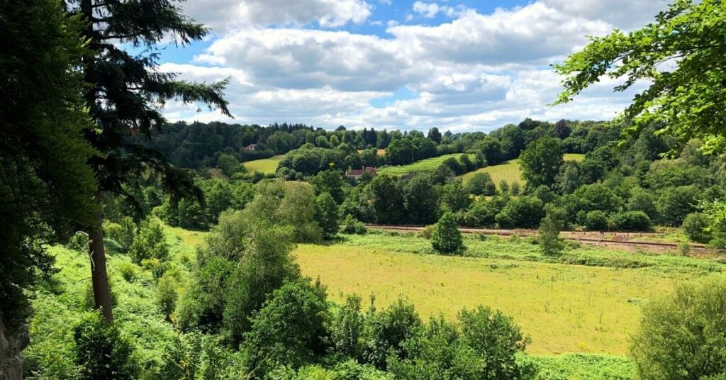 Picture of a green valley with a railway in the distance, froomed by trees.